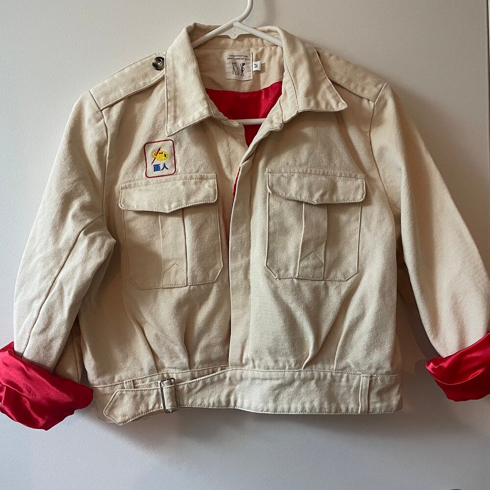 Off-White Linen Military Cropped Jacket with Red Silky Lining